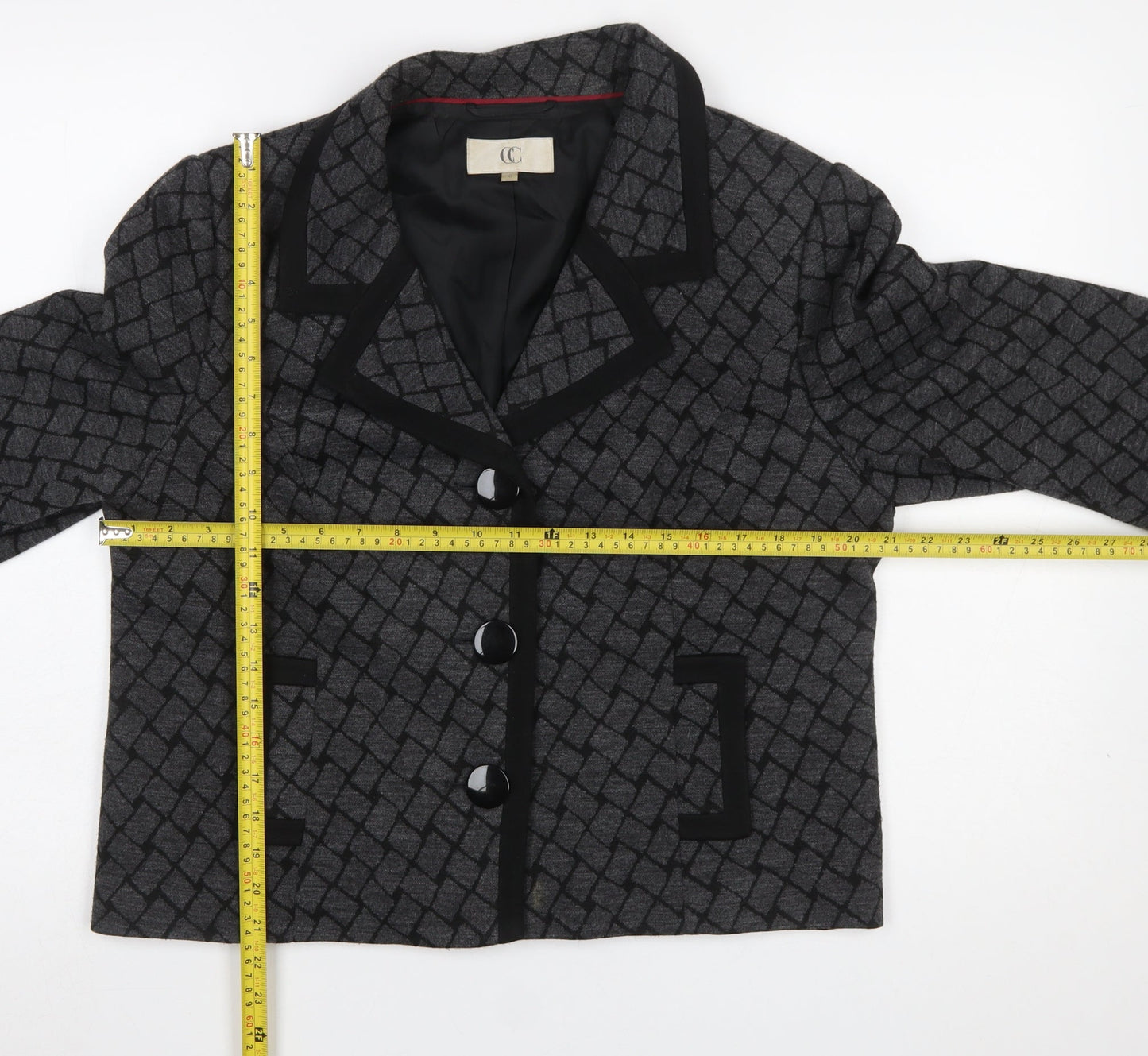 CC Women Grey Black Geometric Pattern Blazer Size 16 Lined Jacket