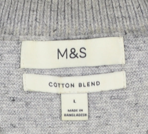 Marks and Spencer Men's Grey L 1/2 Zip Cotton Blend Jumper