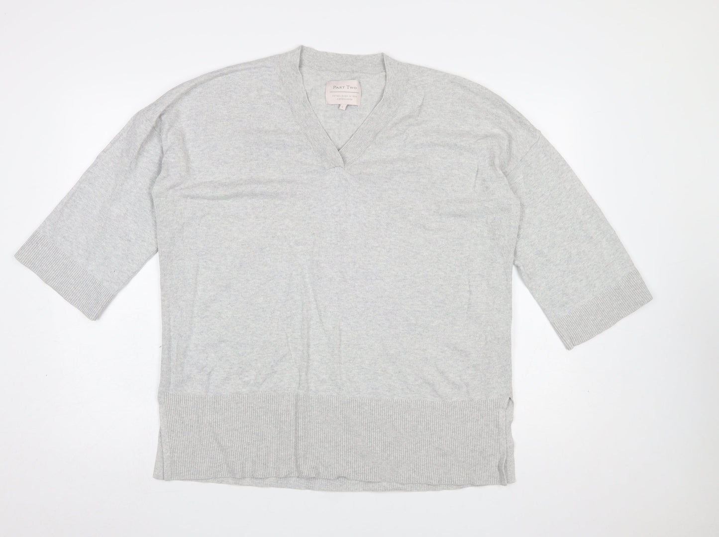 Part Two Women Grey V-Neck Knit 3/4 Sleeve Jumper Size L