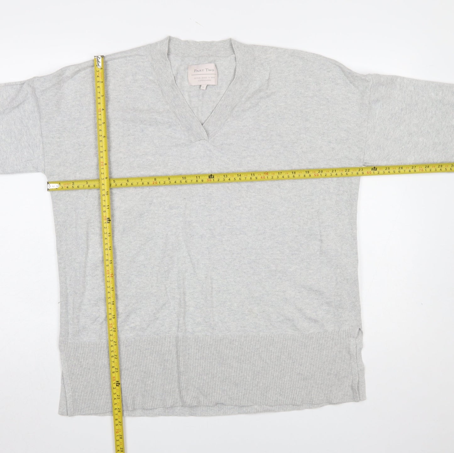 Part Two Women Grey V-Neck Knit 3/4 Sleeve Jumper Size L