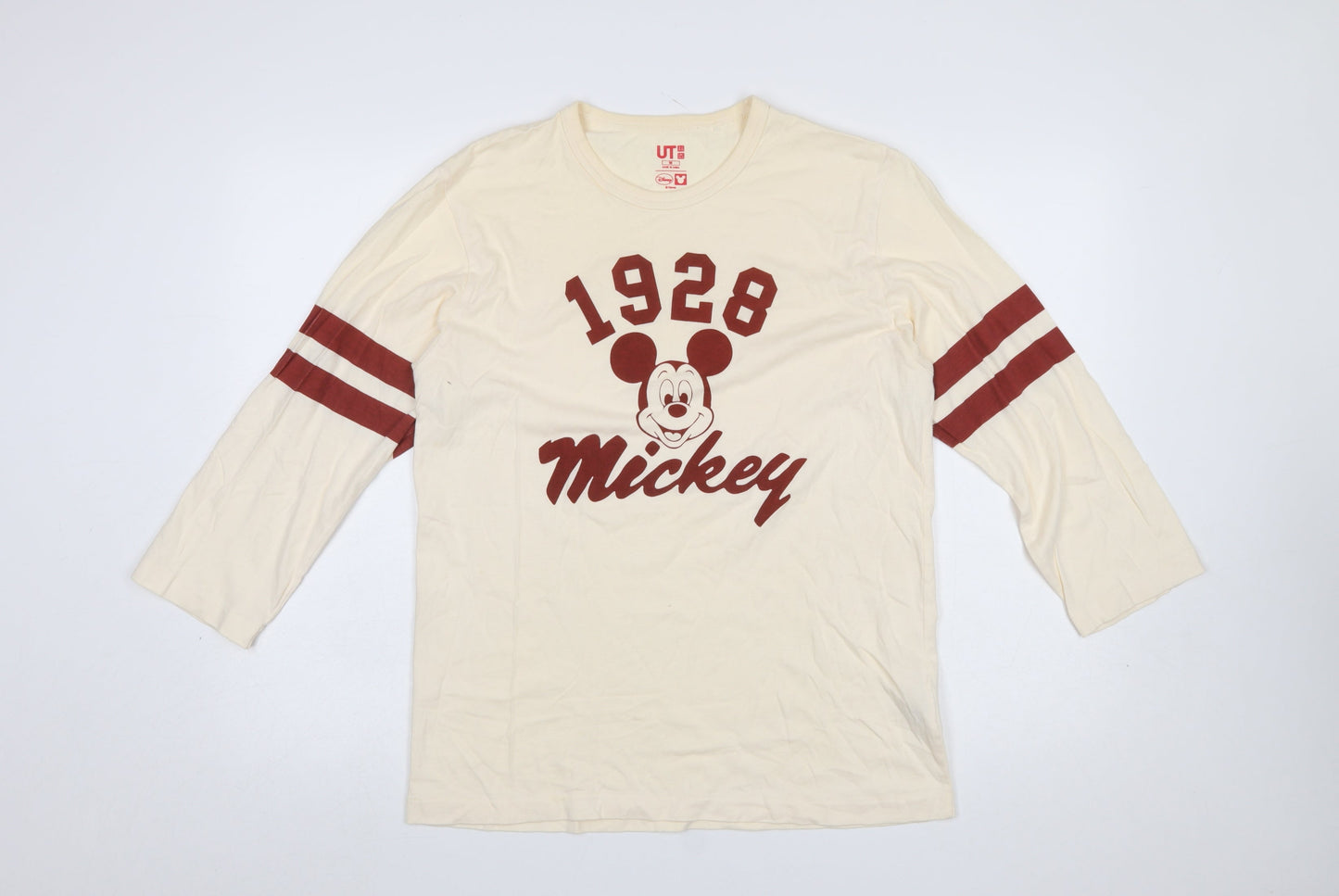 Uniqlo Women Ivory Mickey Mouse 3/4 Sleeve Cotton T-Shirt Size M