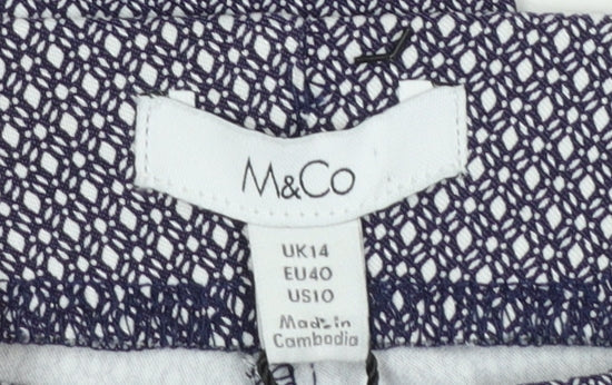 M&Co Womens Blue Geometric Stretch Cropped Trousers Size 14