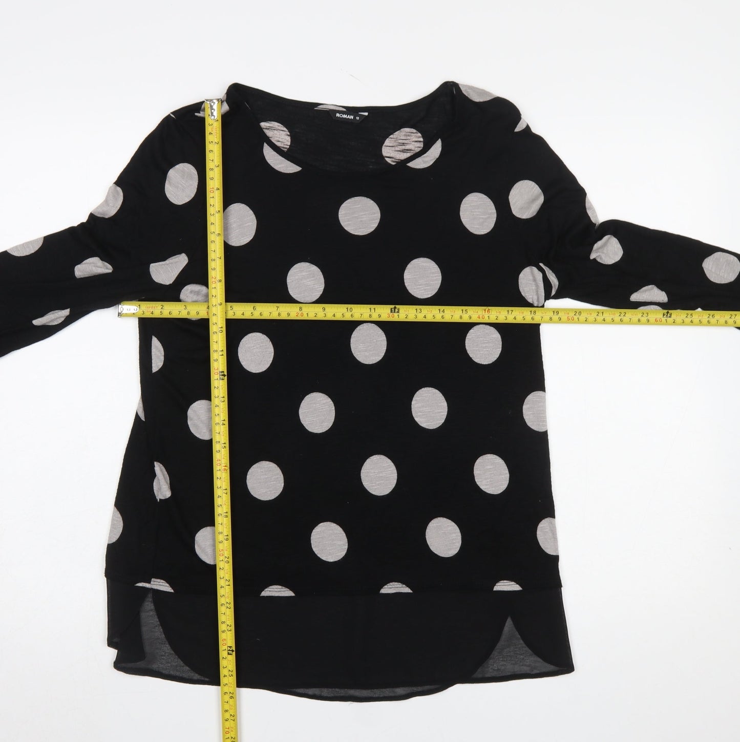 Roman Women’s Black Polka Dot Long Sleeve Tunic Blouse Size 12
