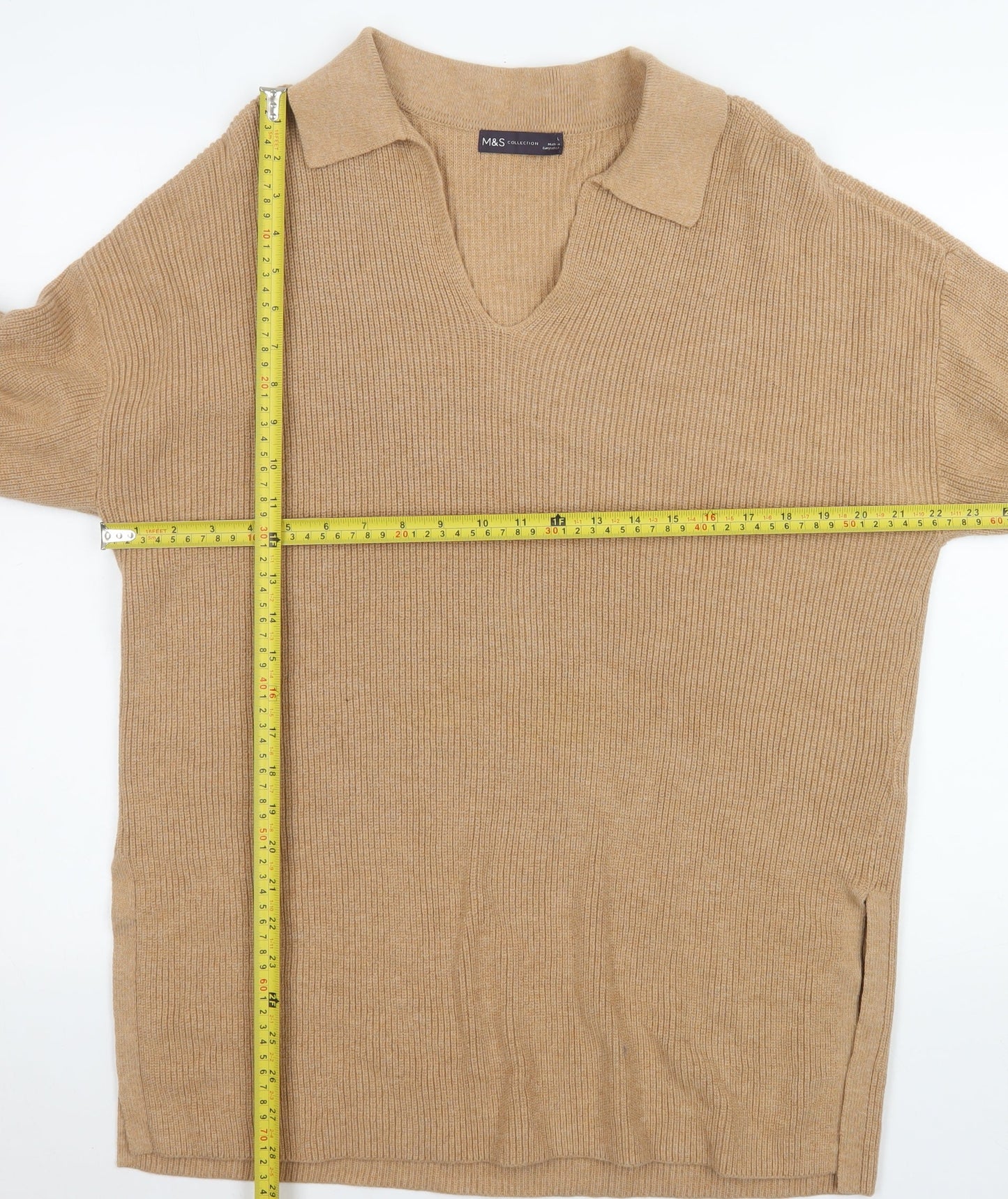 Marks and Spencer Men's Beige Collared Cotton Wool Pullover Jumper L