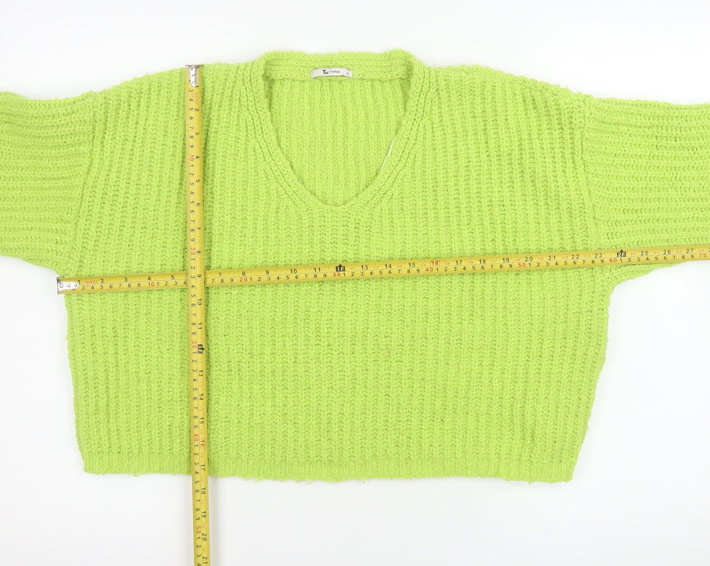 Tu Women Green Chunky Knit V-Neck Pullover Jumper Size 12