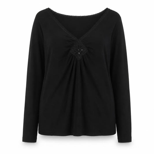 Gold Women’s Black Long Sleeve V-Neck Stretch Tunic Top Size 14