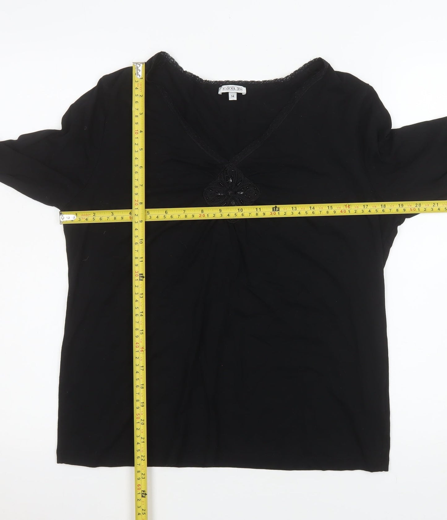 Gold Women’s Black Long Sleeve V-Neck Stretch Tunic Top Size 14