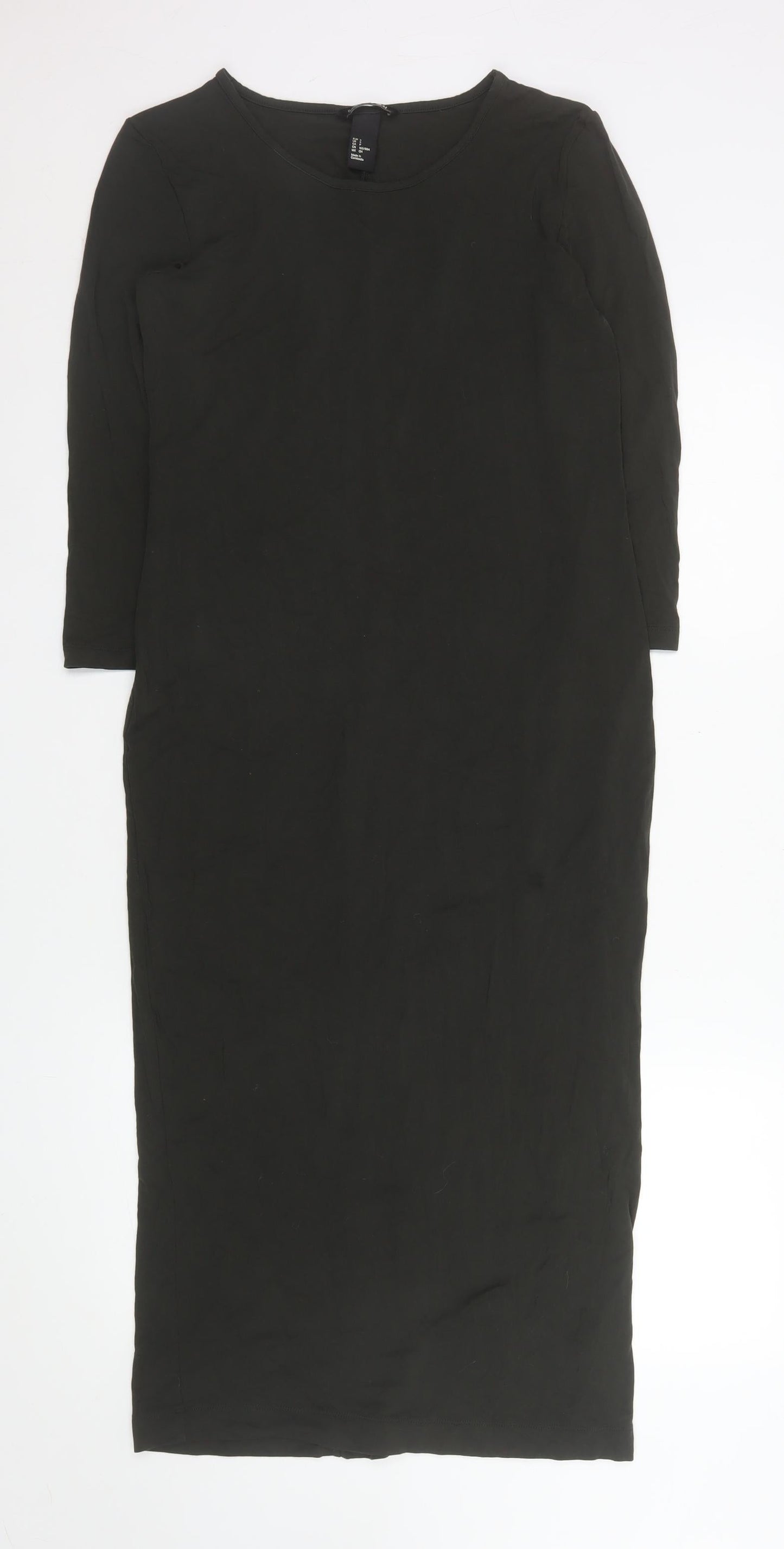 H&M Women Black Bodycon Midi Dress Size 8 3/4 Sleeve Stretch