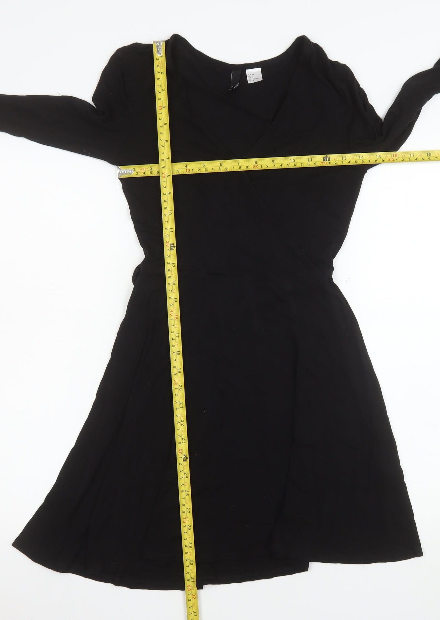 H&M Women Black Wrap Dress Size 6 Long Sleeve Viscose Stretch