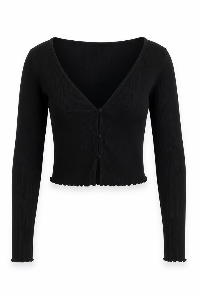 H&M Women Black Cropped Button-Up V-Neck Long Sleeve Top S