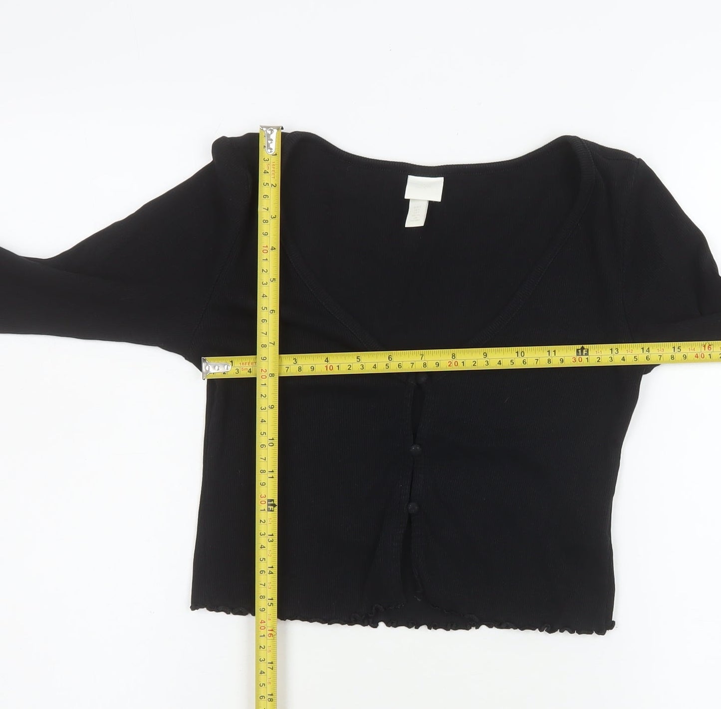 H&M Women Black Cropped Button-Up V-Neck Long Sleeve Top S