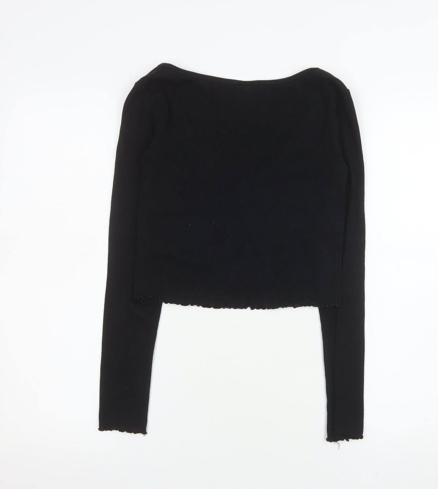 H&M Women Black Cropped Button-Up V-Neck Long Sleeve Top S