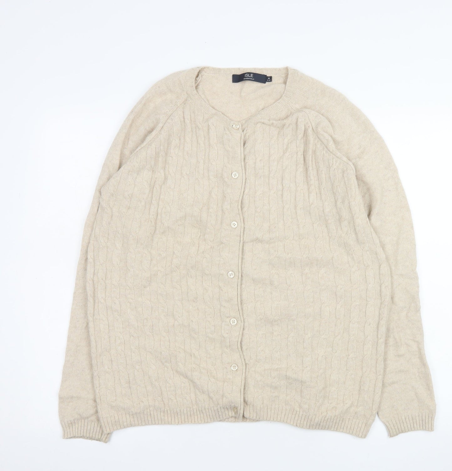 ISLE Essentials Womens Beige Cable Knit Cardigan Size 14-16 Wool Blend