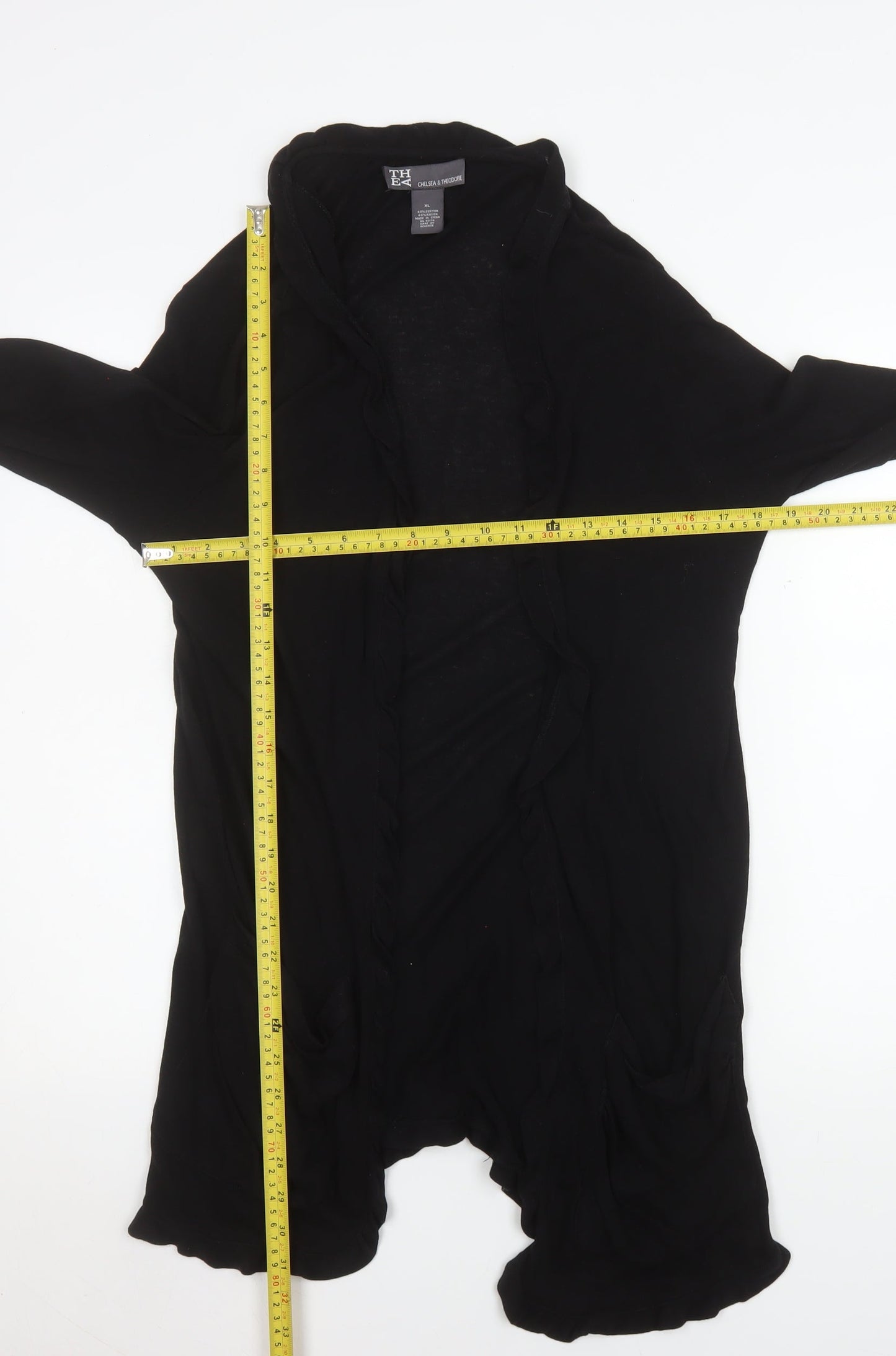 Chelsea & Theodore Women’s Black XL Open Ruffle Knit Cardigan
