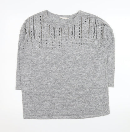 Additional front view of Tu Woman Grey Embellished Long Sleeve Tunic Top, size 10