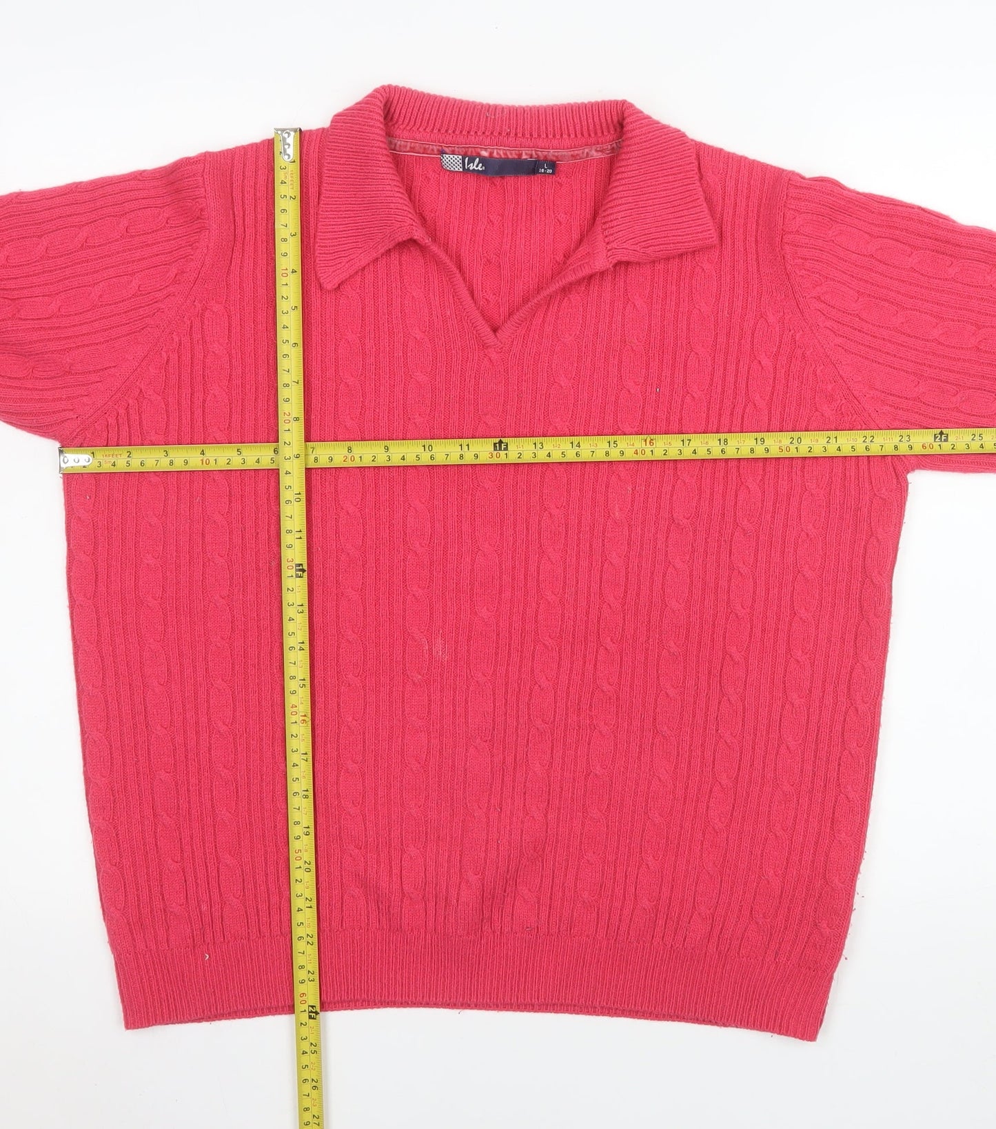 Isle Women’s Pink Collared Cable-Knit Jumper Size L 18-20