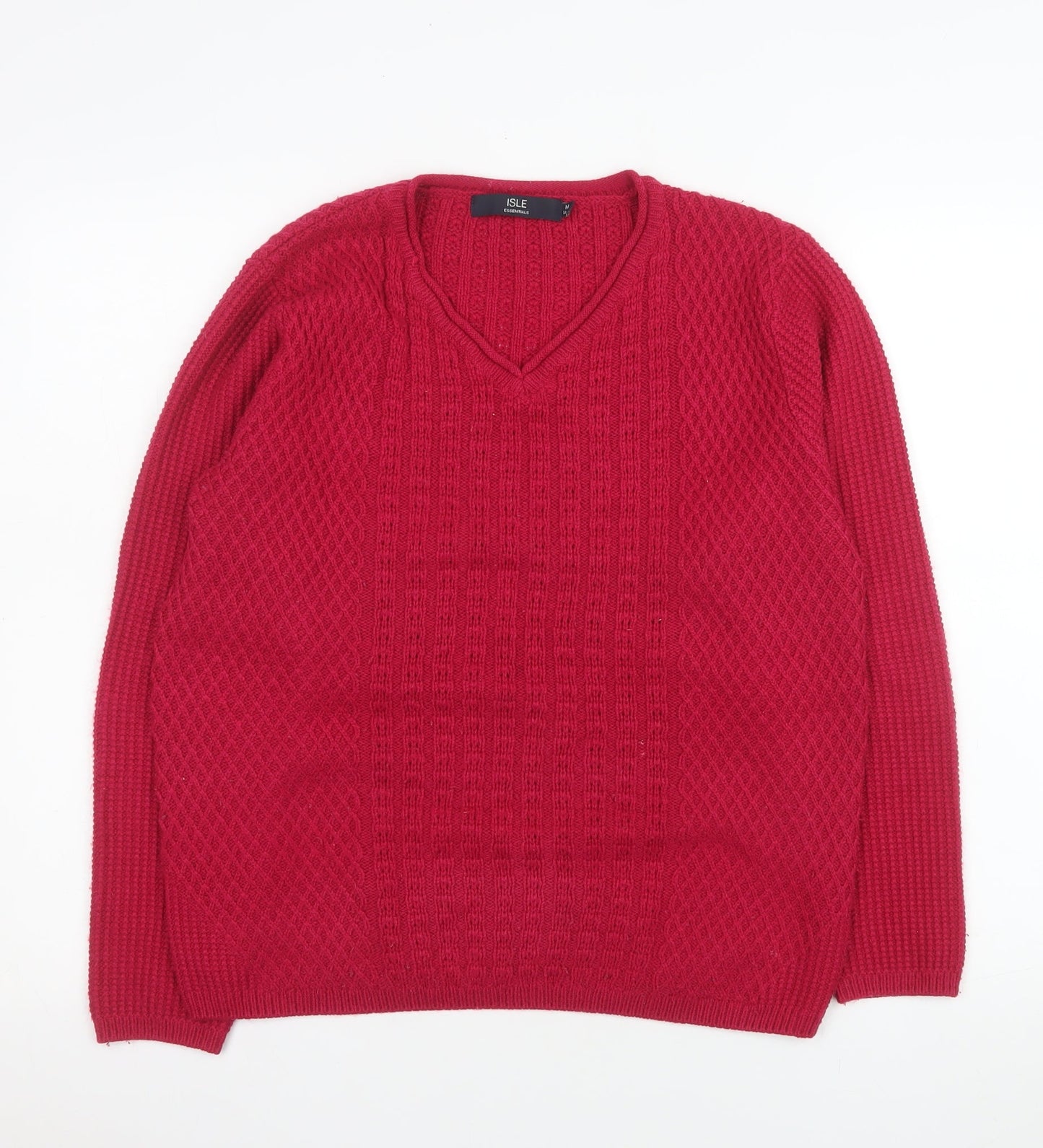 Isle Essentials Women Red Acrylic V-Neck Cable Knit Jumper Size 14-16