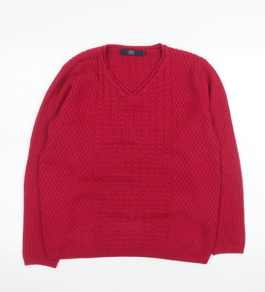 Isle Essentials Women Red Acrylic V-Neck Cable Knit Jumper Size 14-16