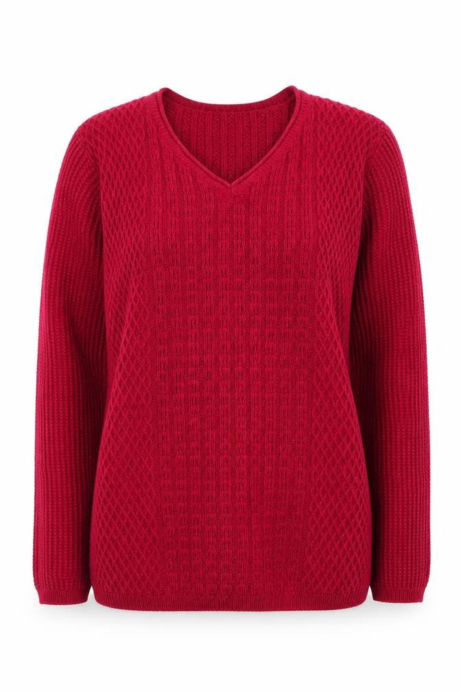 Isle Essentials Women Red Acrylic V-Neck Cable Knit Jumper Size 14-16