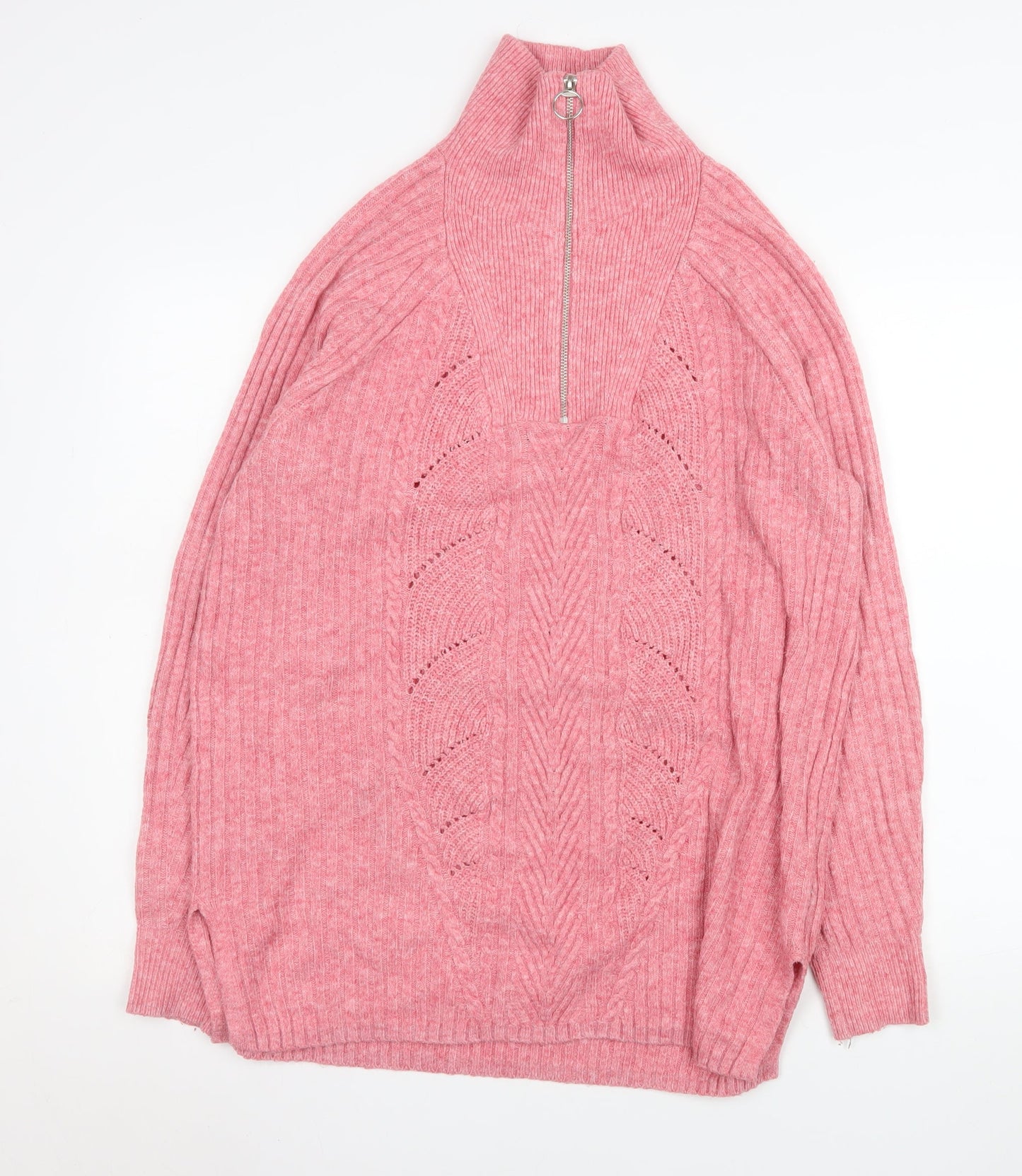 Marks and Spencer Women Pink 1/2 Zip Ribbed Pullover Sweater M