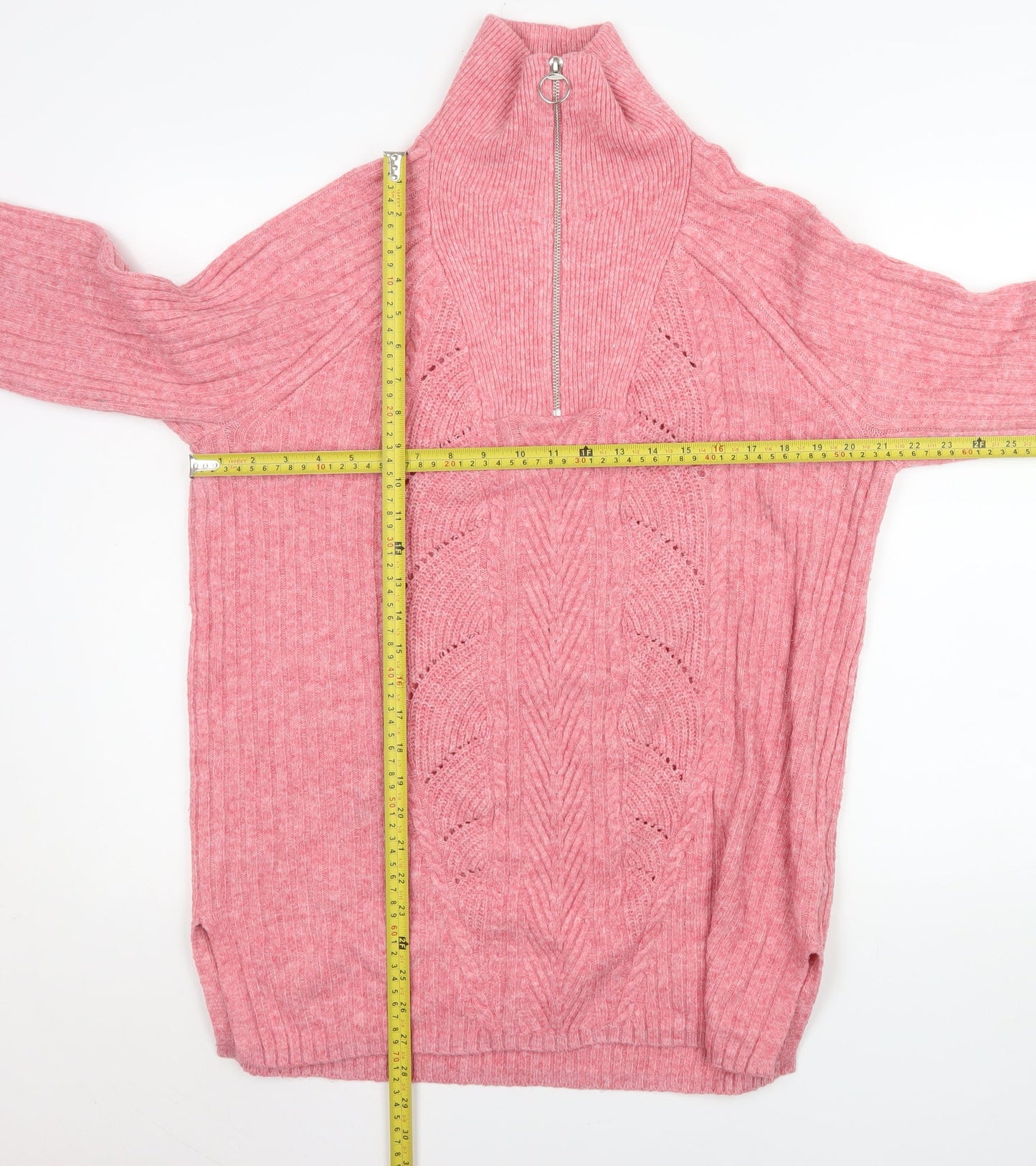 Marks and Spencer Women Pink 1/2 Zip Ribbed Pullover Sweater M