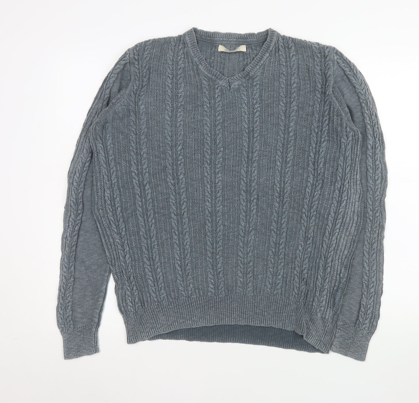 Mango Men's Grey L V-Neck Cable Knit Cotton Jumper