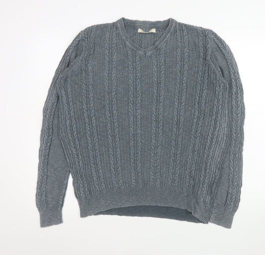 Mango Men's Grey L V-Neck Cable Knit Cotton Jumper