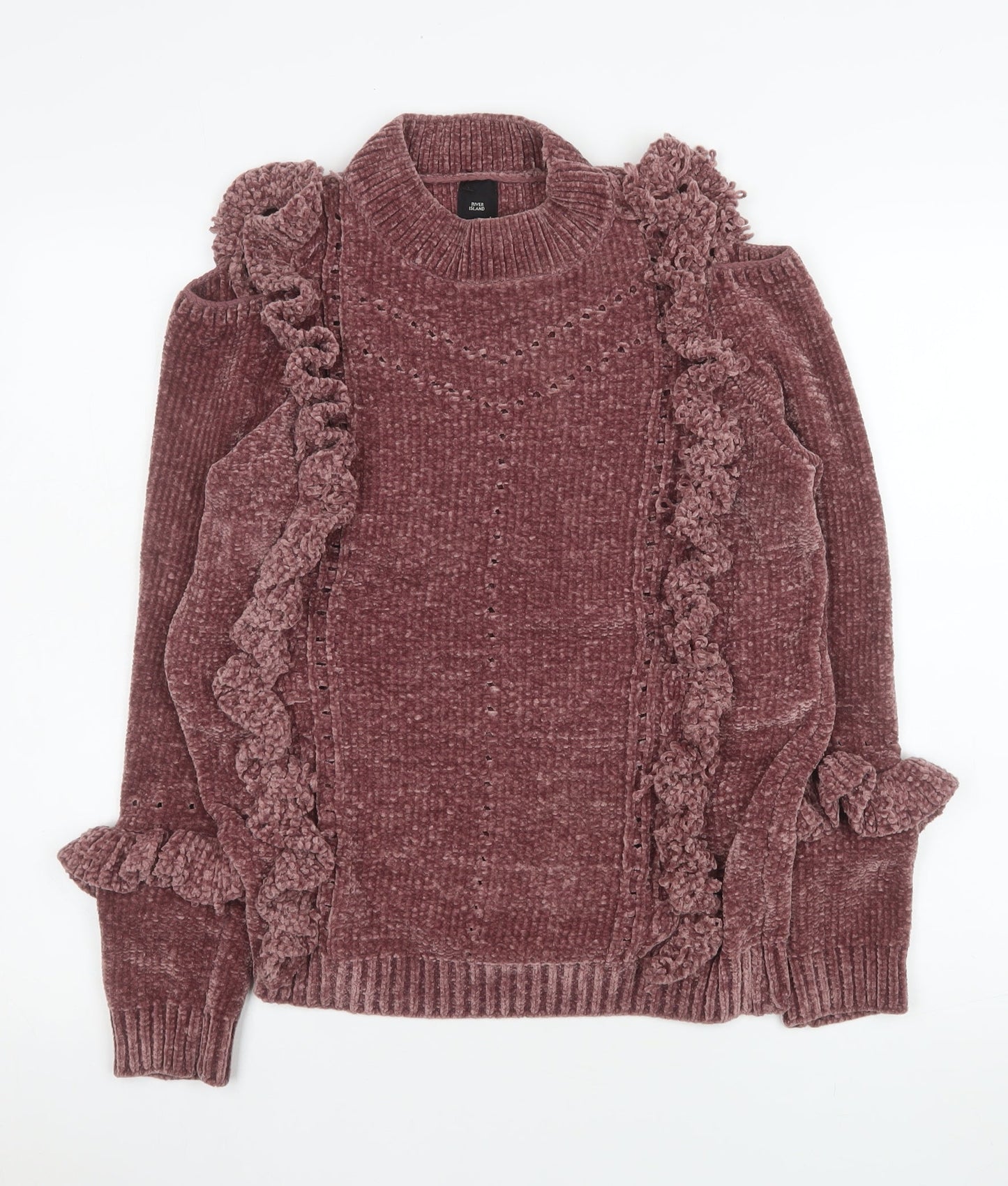 River Island Women Pink Ruffle Knit Roll Neck Jumper Size 10