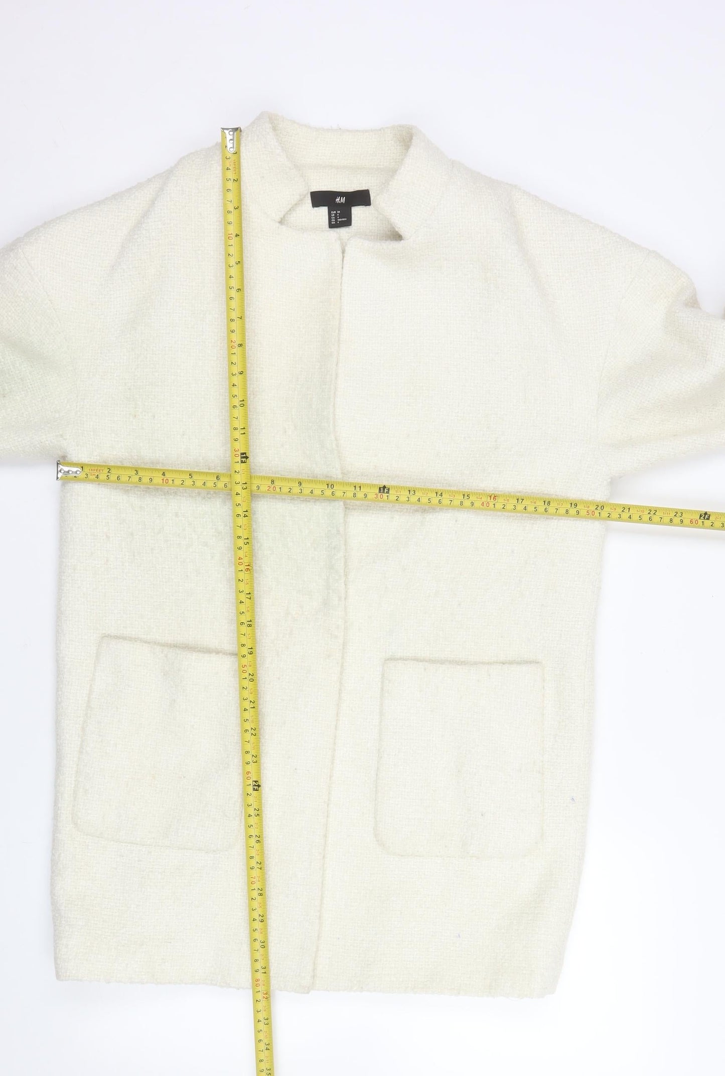H&M Women Ivory Wool Blend Textured Mid-Length Coat Size 6