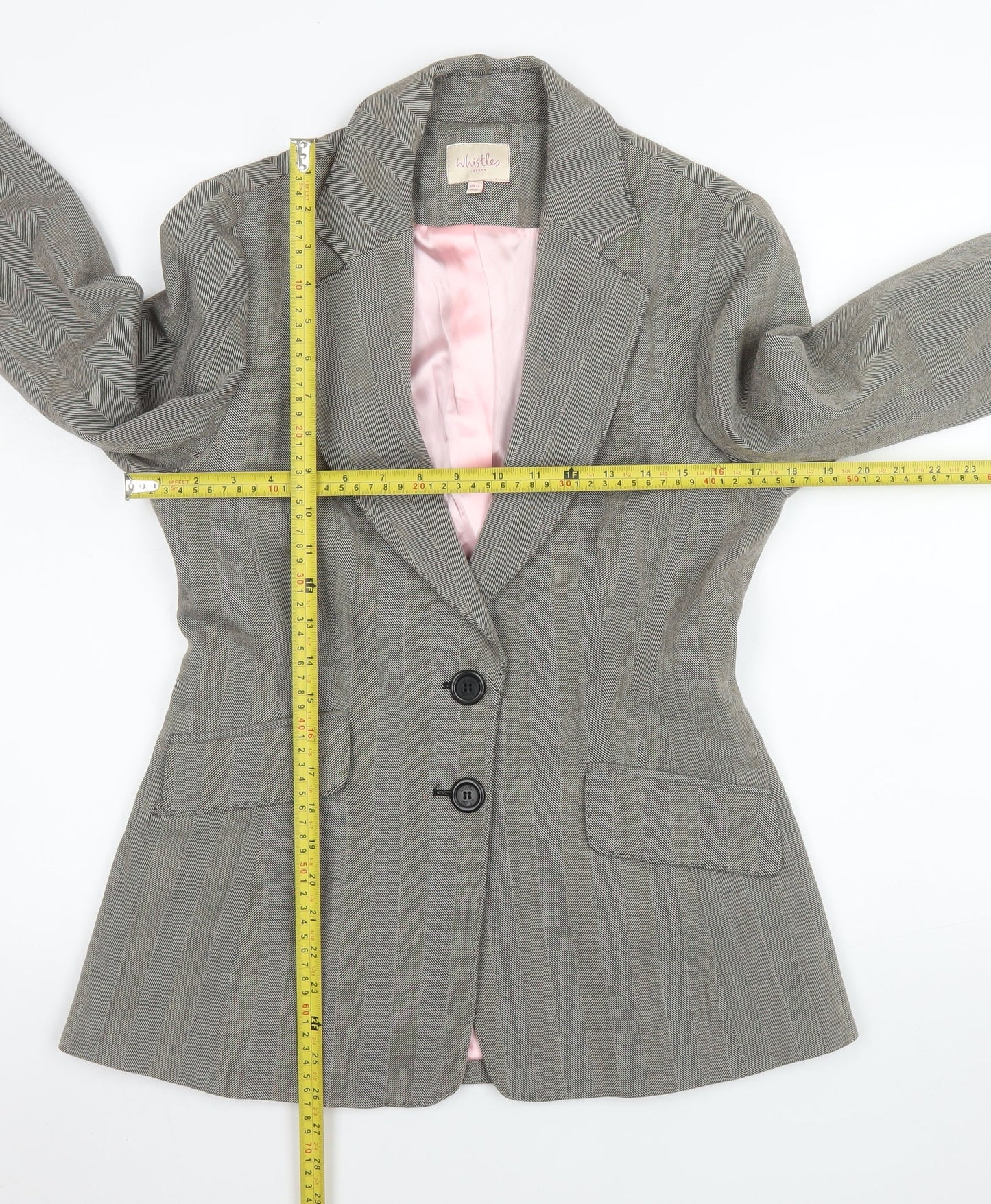Whistles Women Grey Wool Blend Herringbone Blazer UK 12 Classic Fit