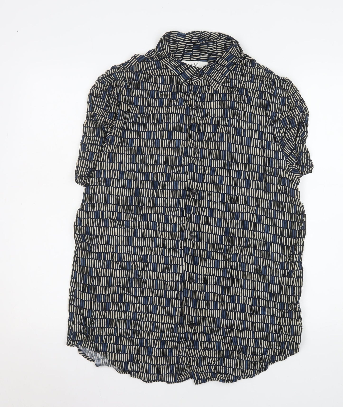 Marks and Spencer Men's Blue Geometric Short Sleeve Viscose Button-Up Shirt Medium