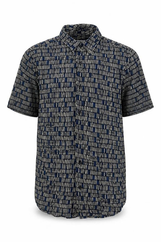 Marks & Spencer Men's Blue Geometric Short Sleeve Viscose Button-Up Shirt Medium