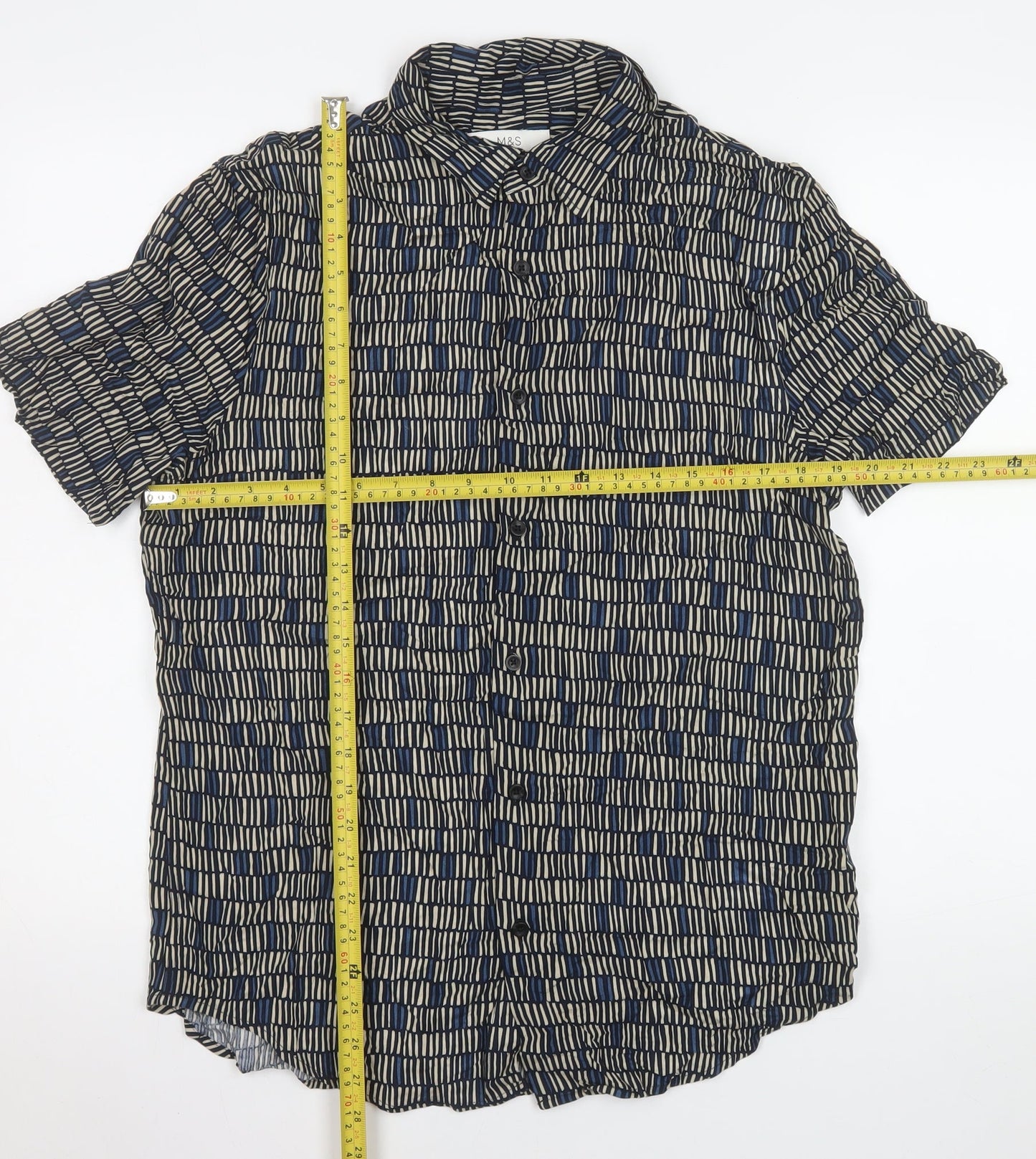 Marks and Spencer Men's Blue Geometric Short Sleeve Viscose Button-Up Shirt Medium