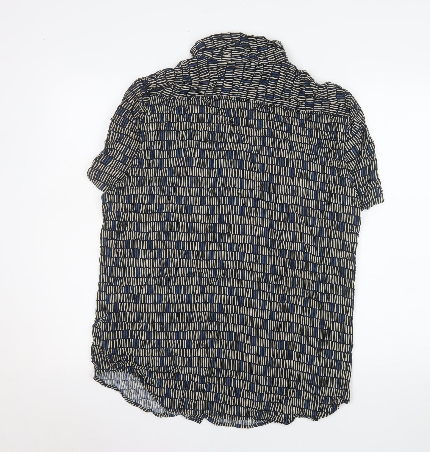 Marks and Spencer Men's Blue Geometric Short Sleeve Viscose Button-Up Shirt Medium