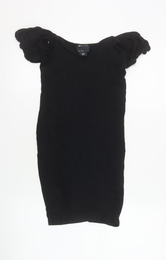 ASOS Women Black Size 10 Bodycon Short Puff Sleeve Stretch Dress