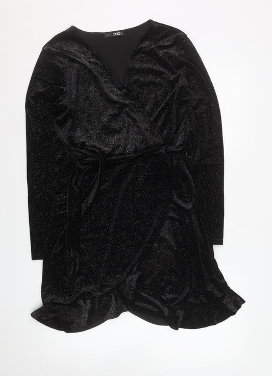 Quiz Women Black Size 14 Wrap Velvet Long Sleeve Party Dress