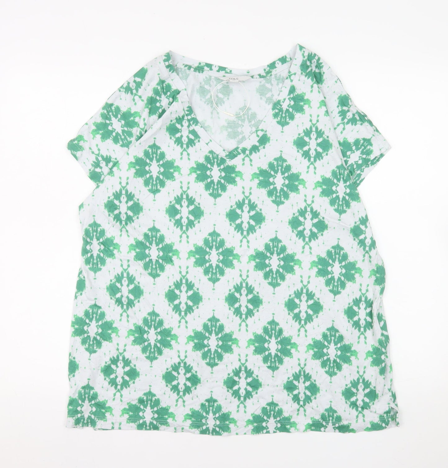 Marks and Spencer Women's Green Geometric V-Neck Cotton Modal T-Shirt Size 14