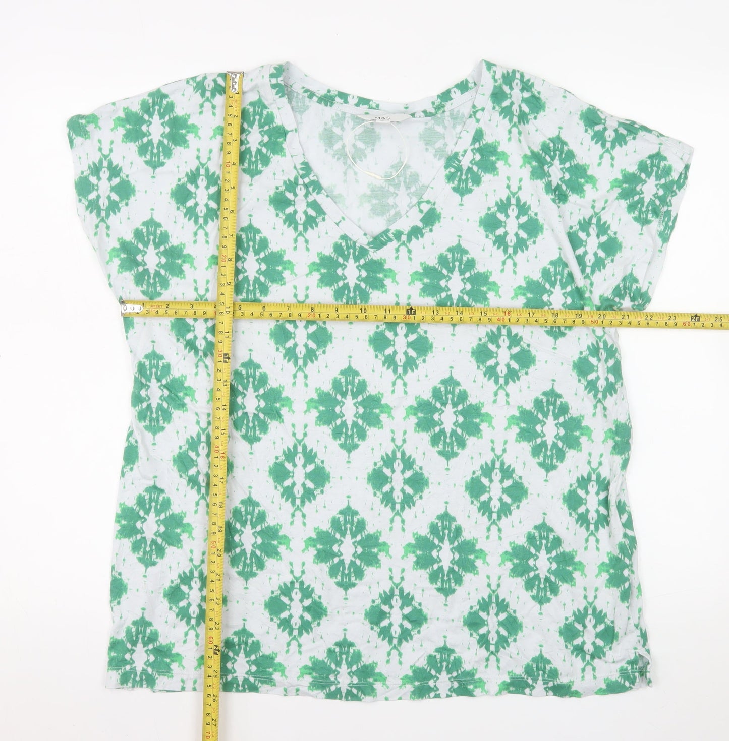 Marks and Spencer Women's Green Geometric V-Neck Cotton Modal T-Shirt Size 14