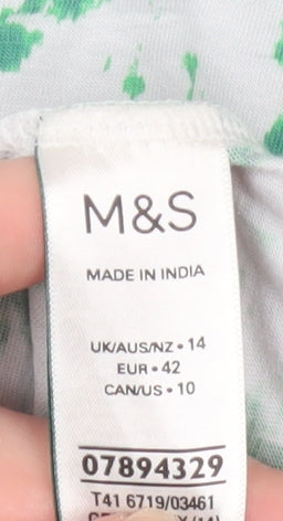 Marks and Spencer Women's Green Geometric V-Neck Cotton Modal T-Shirt Size 14
