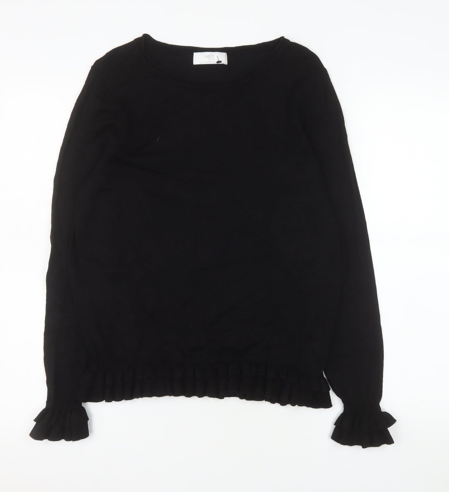 Wallis Petite Black Long Sleeve Ruffle Hem Viscose Blouse Size 14