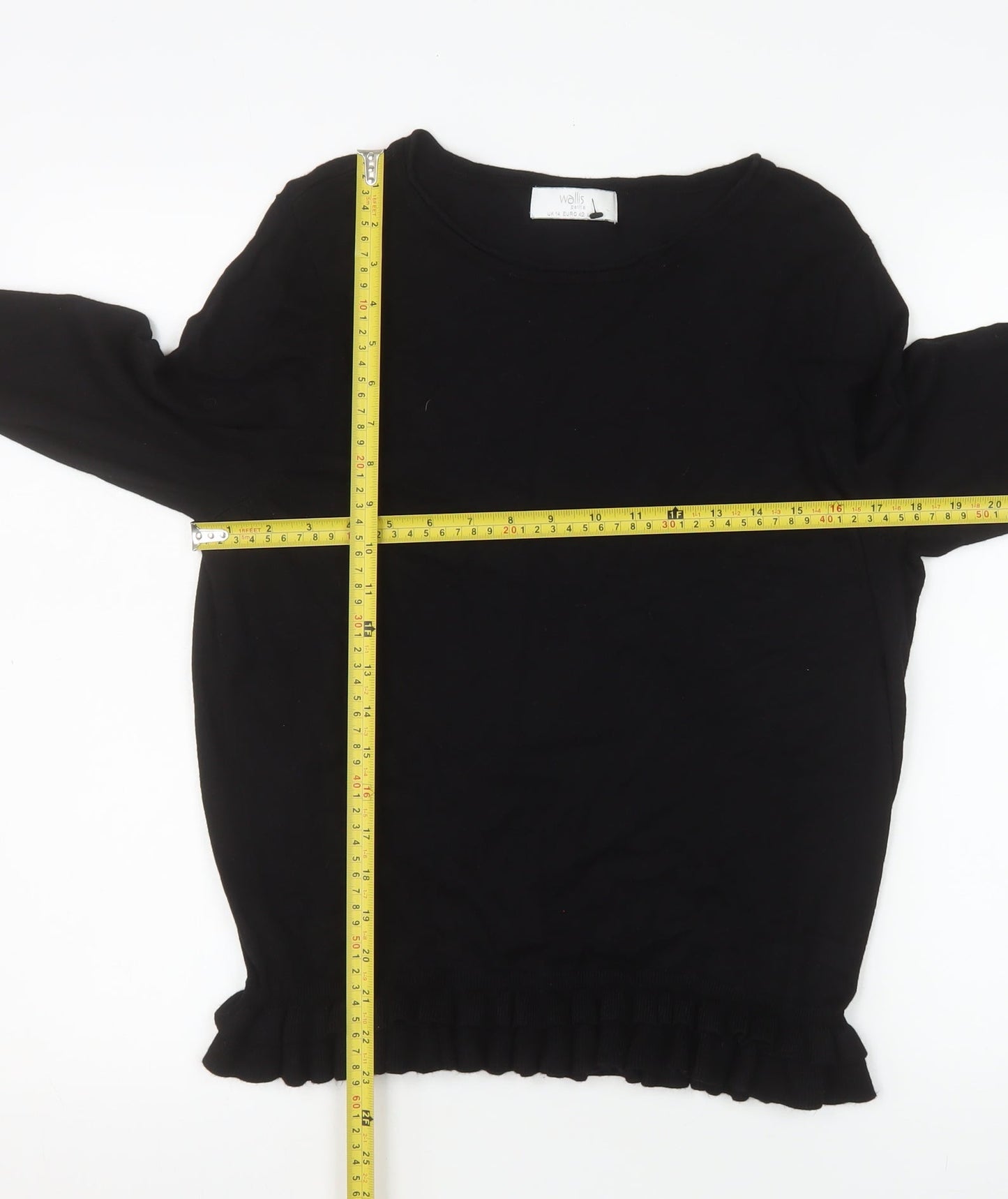 Wallis Petite Black Long Sleeve Ruffle Hem Viscose Blouse Size 14