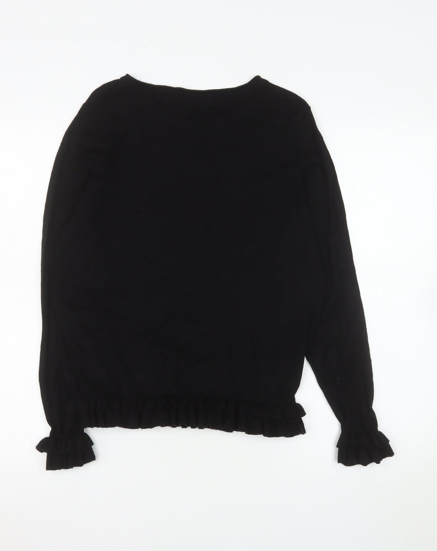 Wallis Petite Black Long Sleeve Ruffle Hem Viscose Blouse Size 14