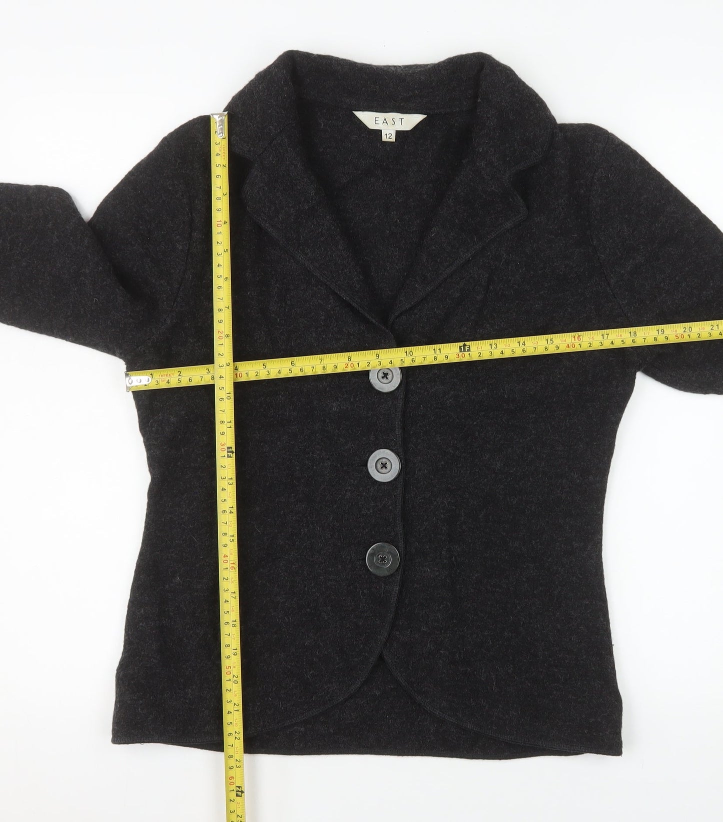 EAST Women Black Wool Suit Jacket Size 12 Single Breasted