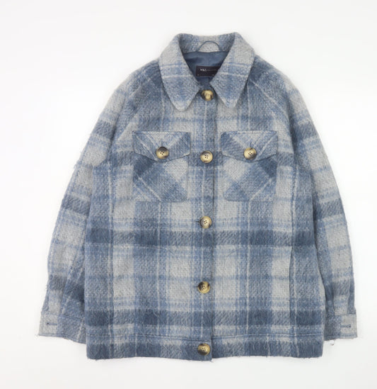 Marks and Spencer Women Blue Check Wool Blend Mid-Length Jacket Size 10