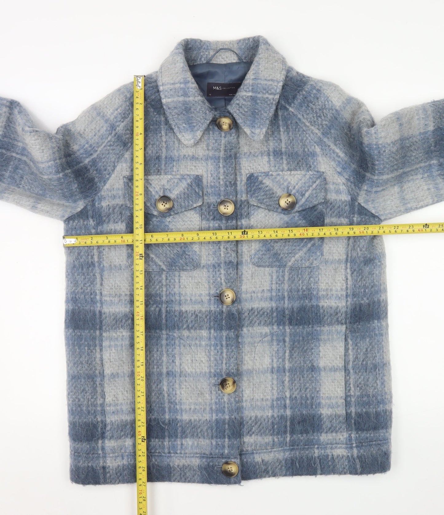 Marks and Spencer Women Blue Check Wool Blend Mid-Length Jacket Size 10