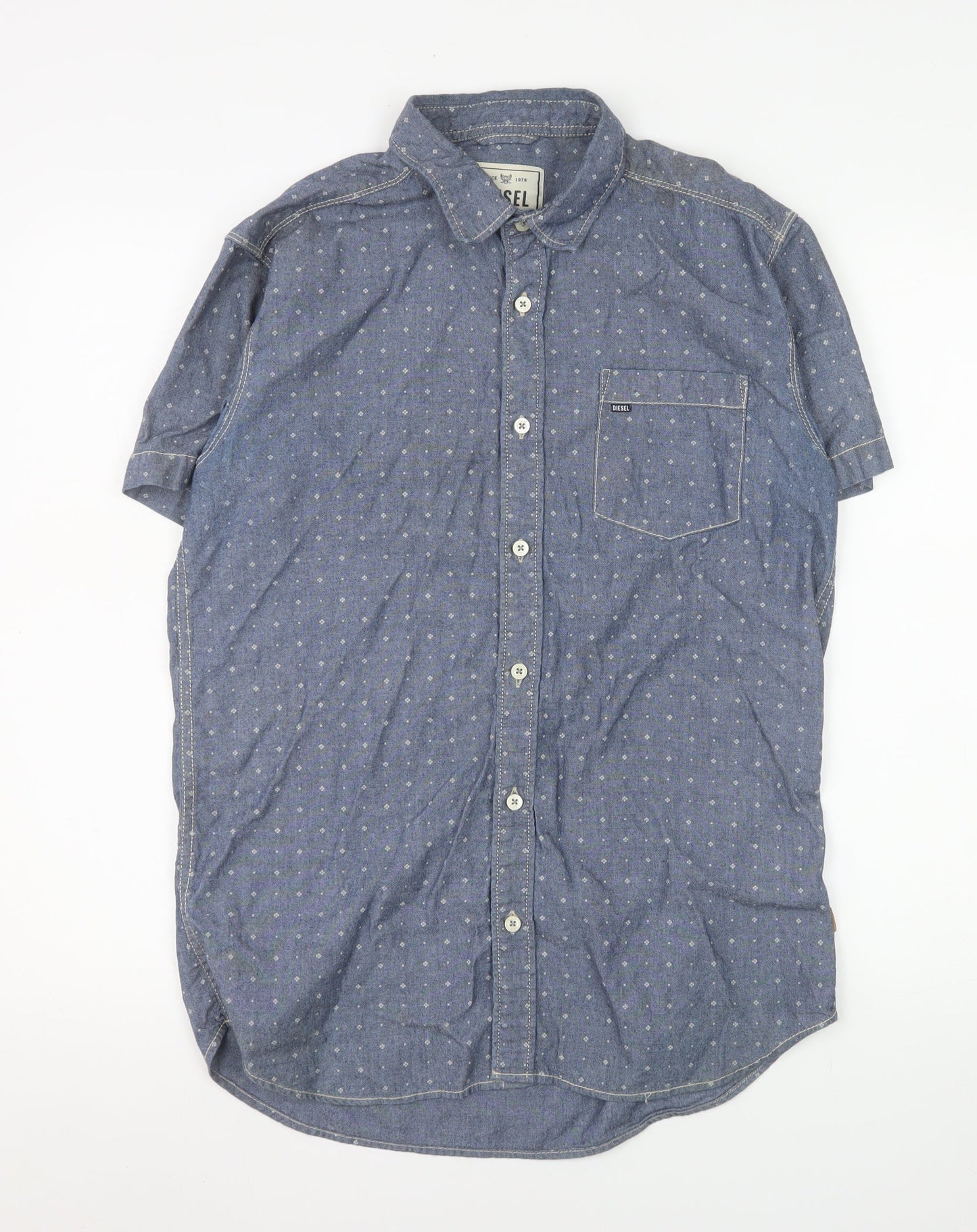 Diesel Men Blue Short Sleeve Cotton Button-Up Shirt M