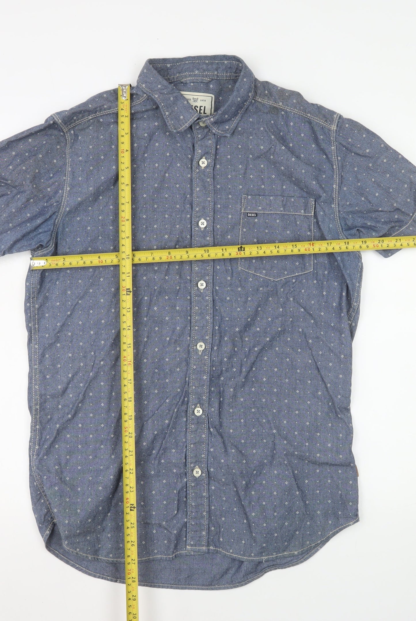 Diesel Men Blue Short Sleeve Cotton Button-Up Shirt M