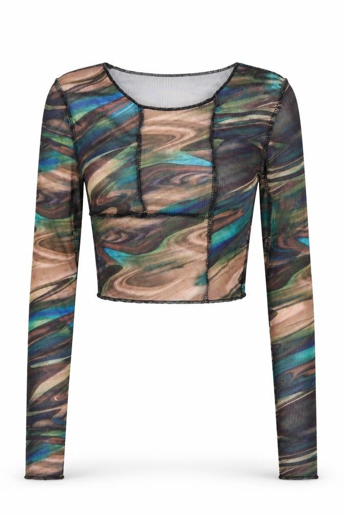 PRETTYLITTLETHING Women’s Multicoloured Cropped Mesh Long Sleeve Top Size 8