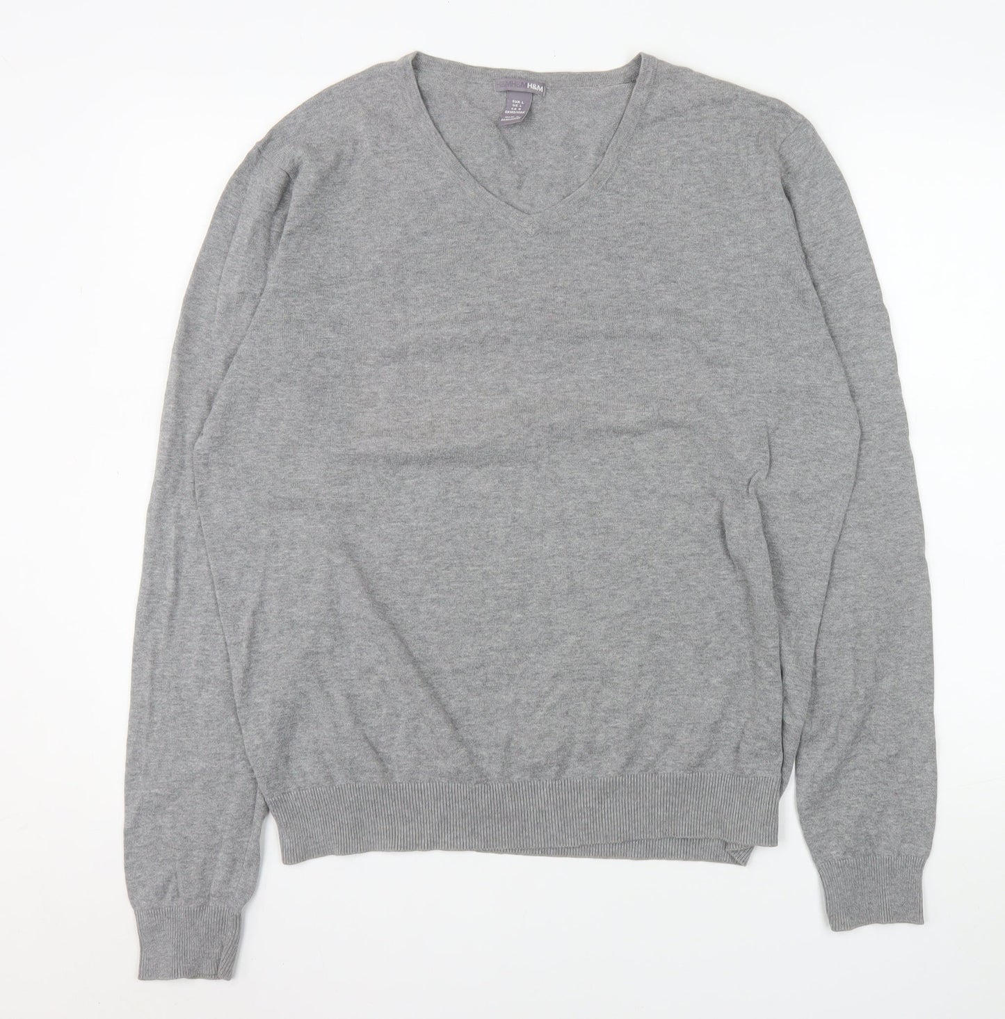 H&M Men Grey Cotton V-Neck Pullover Jumper Size L
