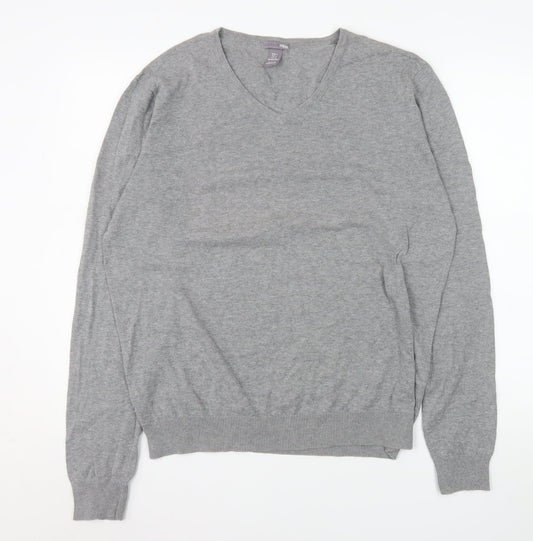 H&M Men Grey Cotton V-Neck Pullover Jumper Size L